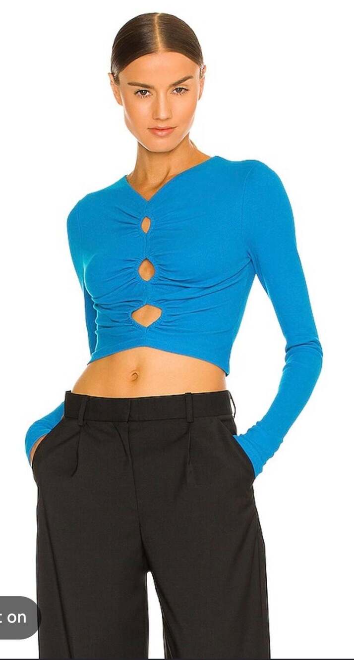SNDYS Natty Long Sleeve Cutout Ribbed Crop Top in Aqua Blue US 4